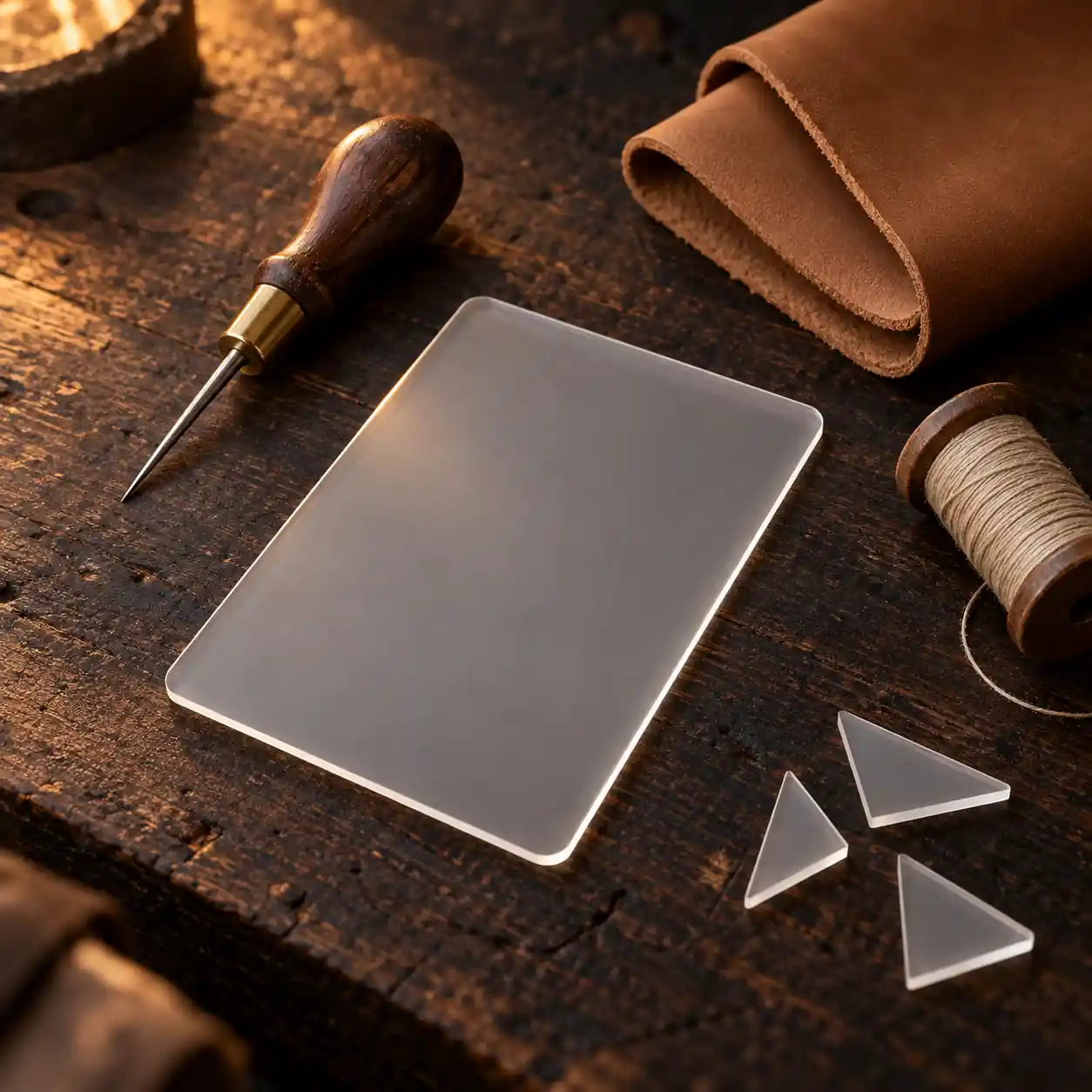 Laser-cut acrylic and leathercraft tools on a workbench