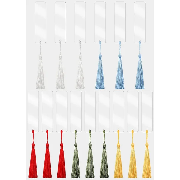 Clear acrylic bookmark blanks with tassels threaded on — what ships in a pack