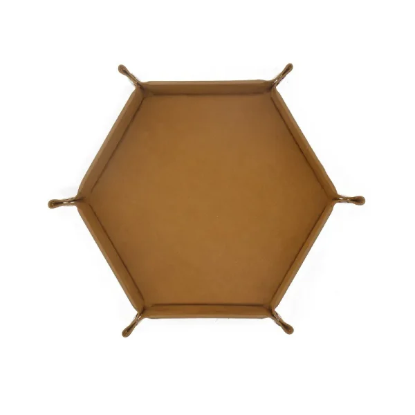 Hexagonal dice tray with a Brown fleece lining, seen from above