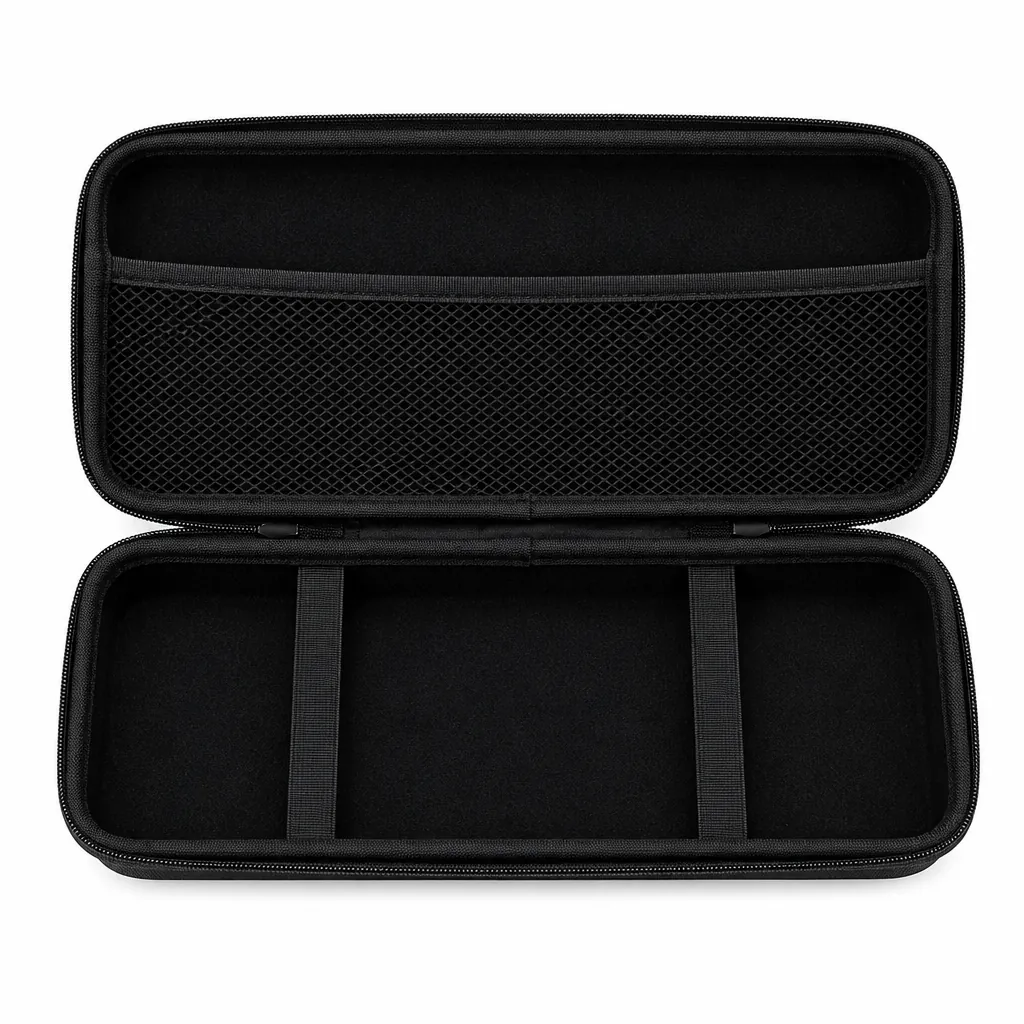 The case lying open: two elastic straps across one half, a mesh pocket in the other