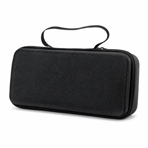 Black EVA hard-shell keyboard case, closed, with the carry handle on top