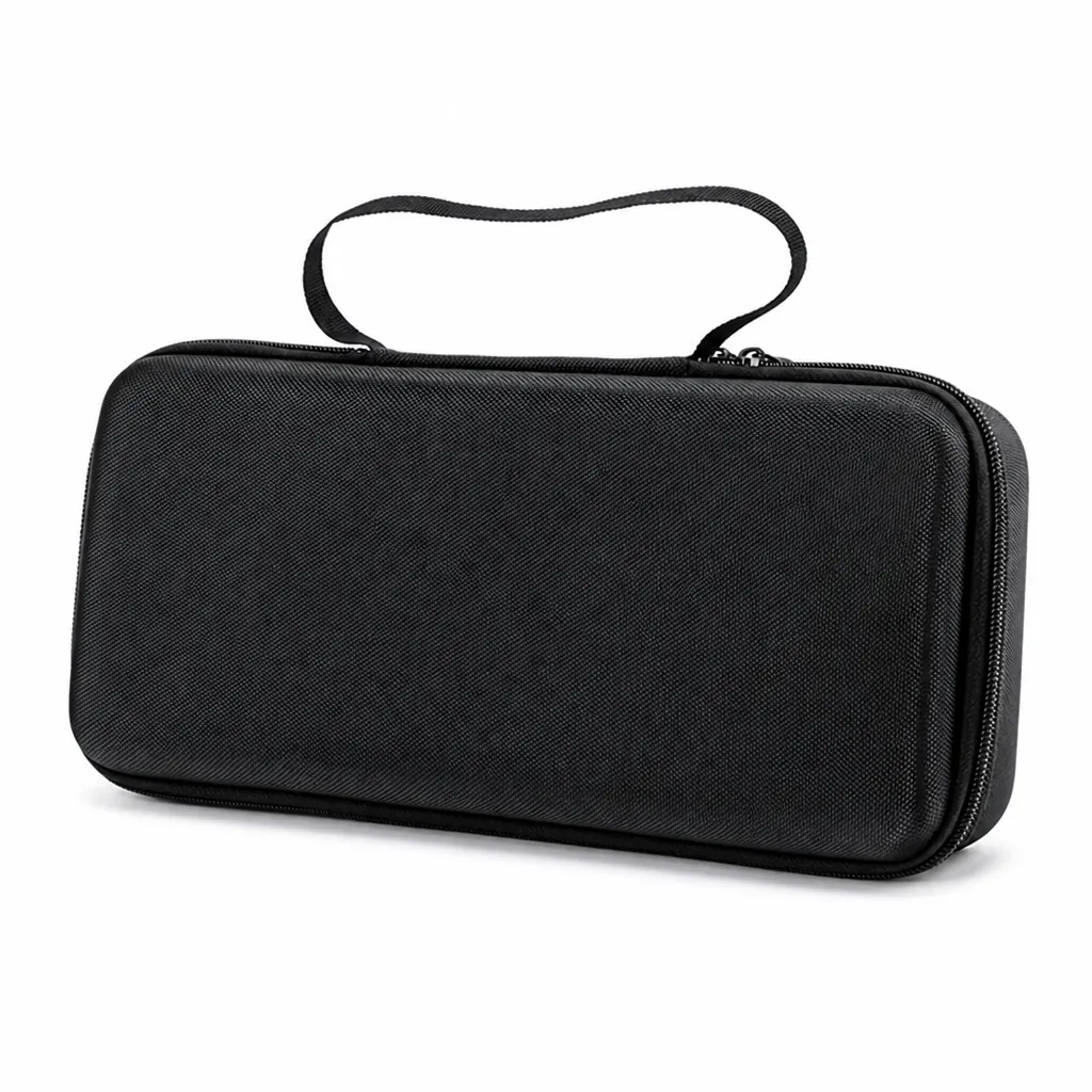 Black EVA hard-shell keyboard case, closed, with the carry handle on top