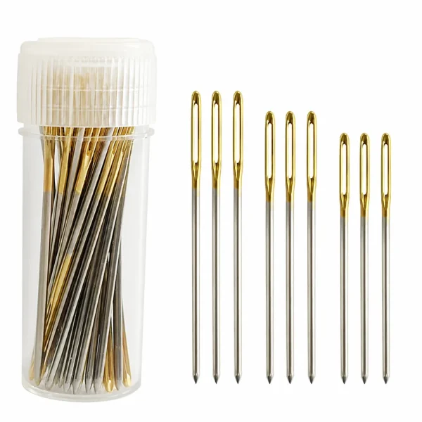 Thirty cross-stitch needles in three sizes with a clear tube and a plain white cap