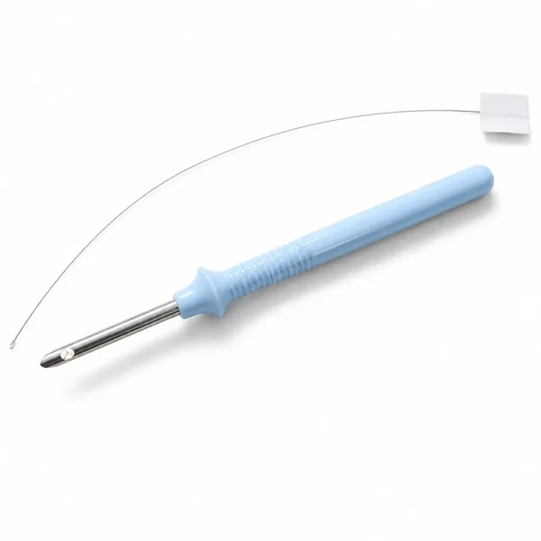 Punch needle with a light blue plastic handle and a 3.5 mm needle